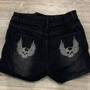 Black Denim Skull Embroidered Women's Shorts